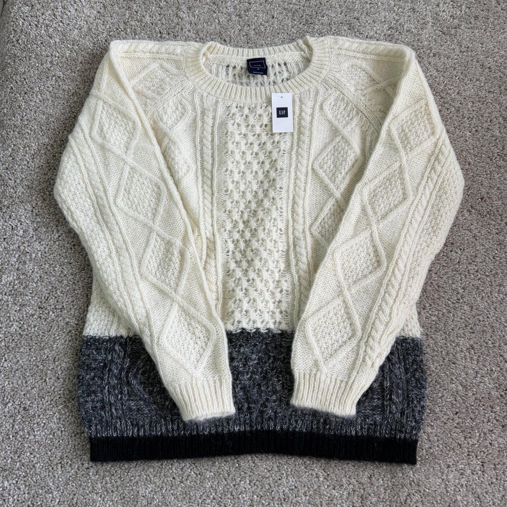 Gap Sweater Womens Medium White Gray Colorblock Cable Knit Mohair Wool Pullover
